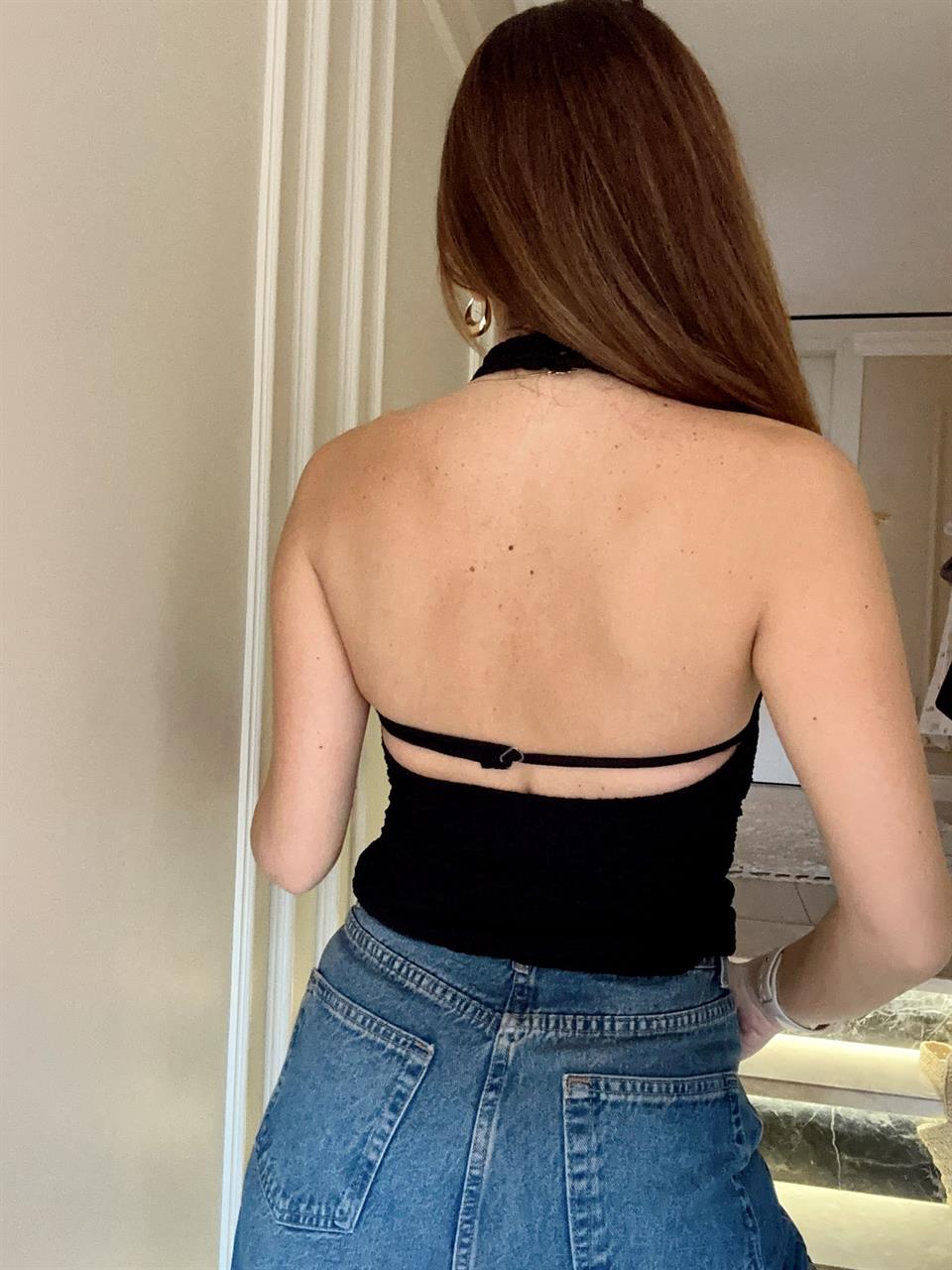 Siyah Sırt Ayarlı Gofre Bluz