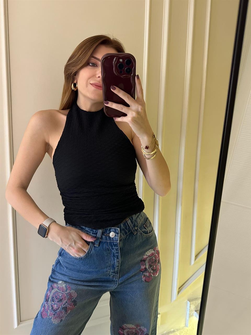 Siyah Sırt Ayarlı Gofre Bluz