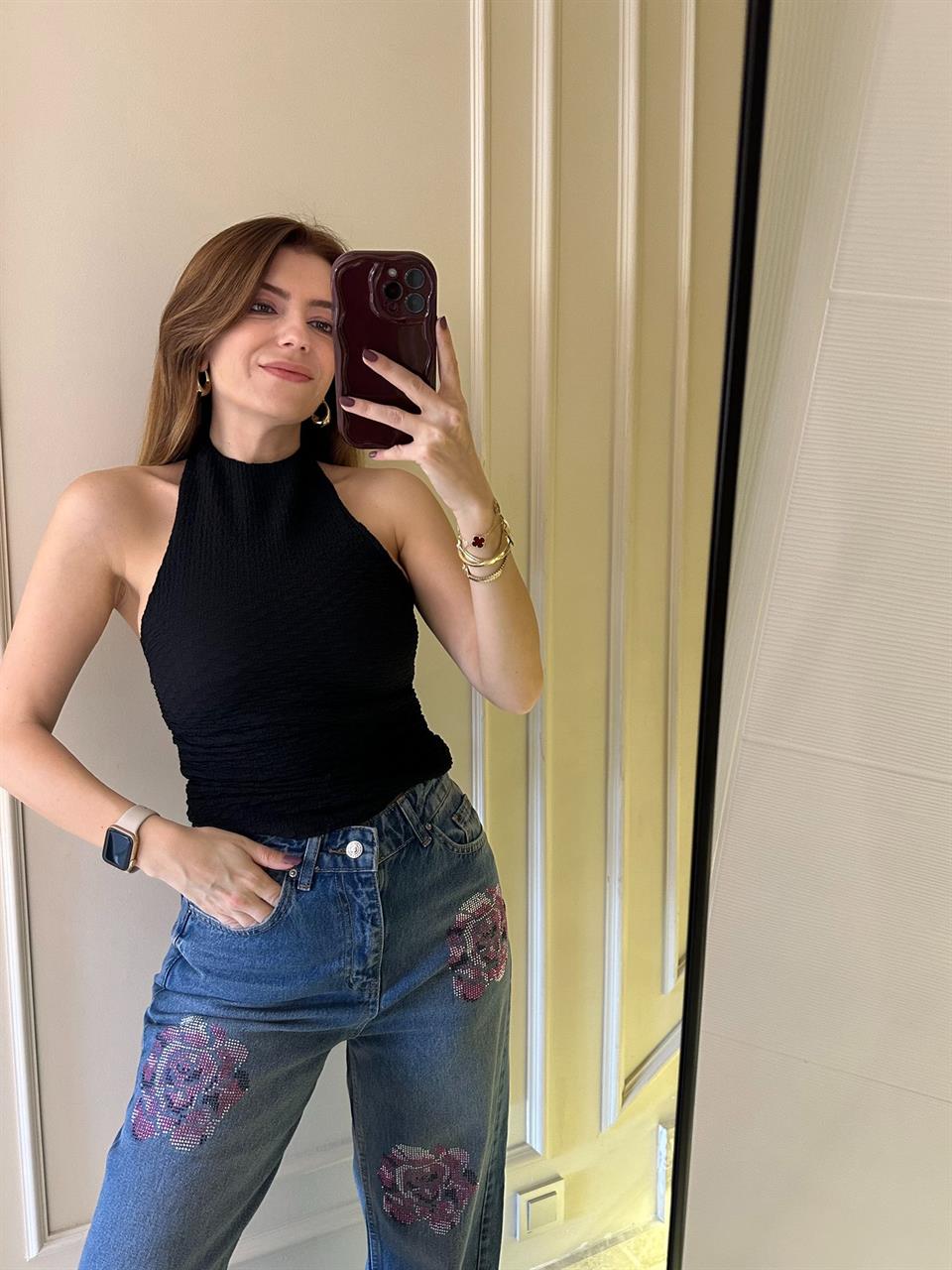 Siyah Sırt Ayarlı Gofre Bluz