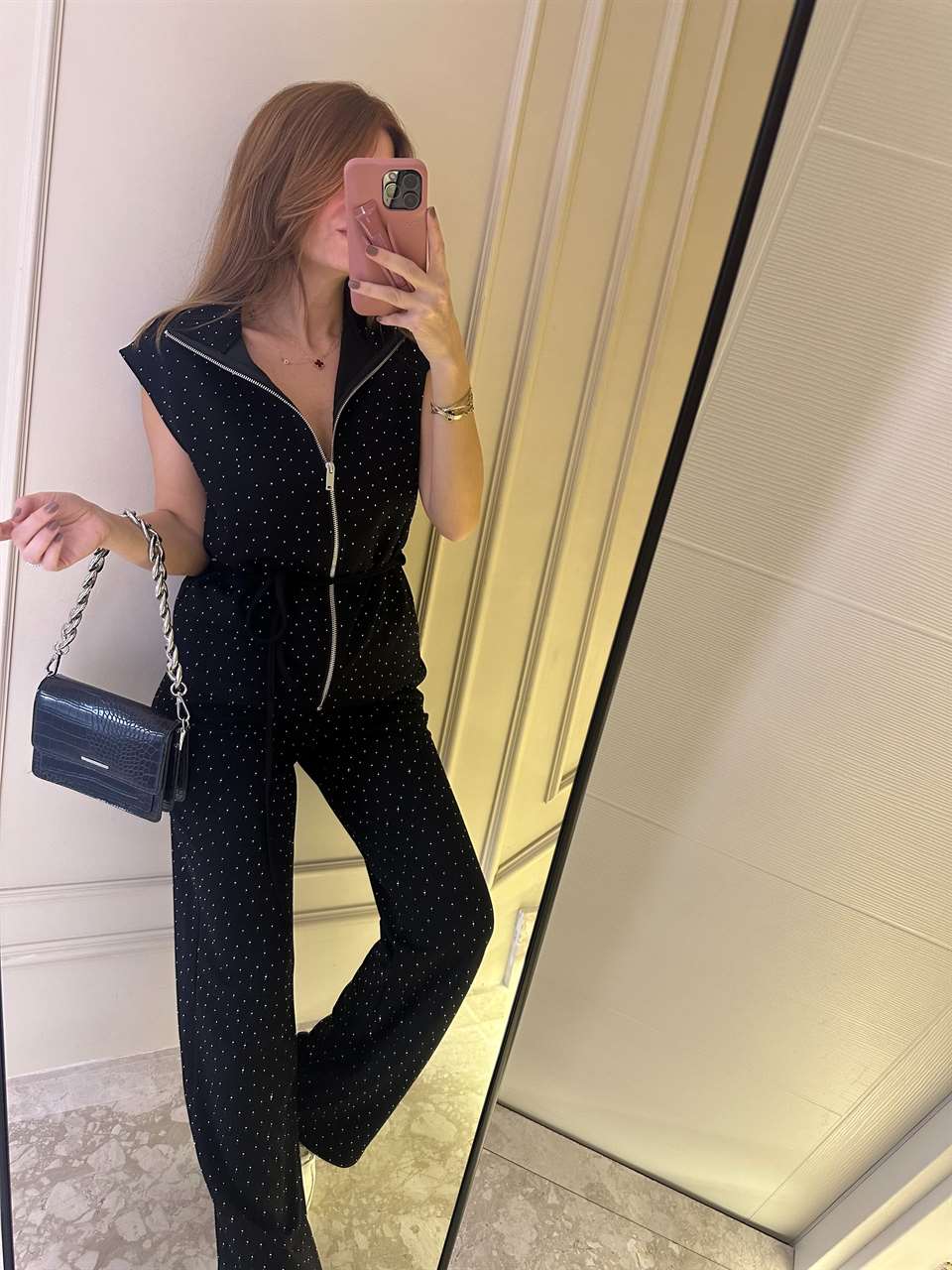 Siyah Taşlı Fermuarlı Yelekli Takım