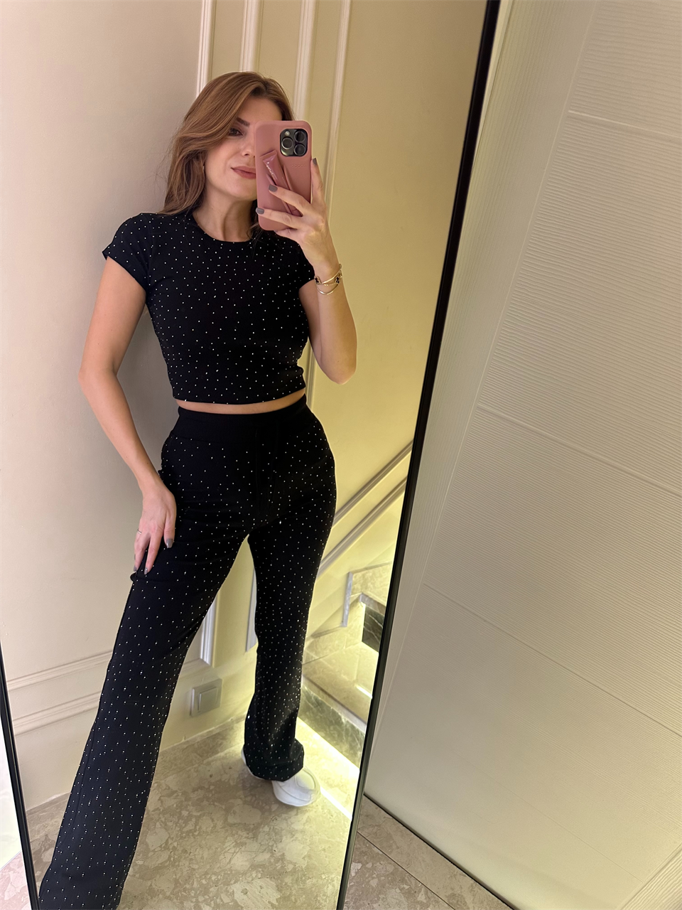 Siyah Taşlı Kısa Kol Fit Takım