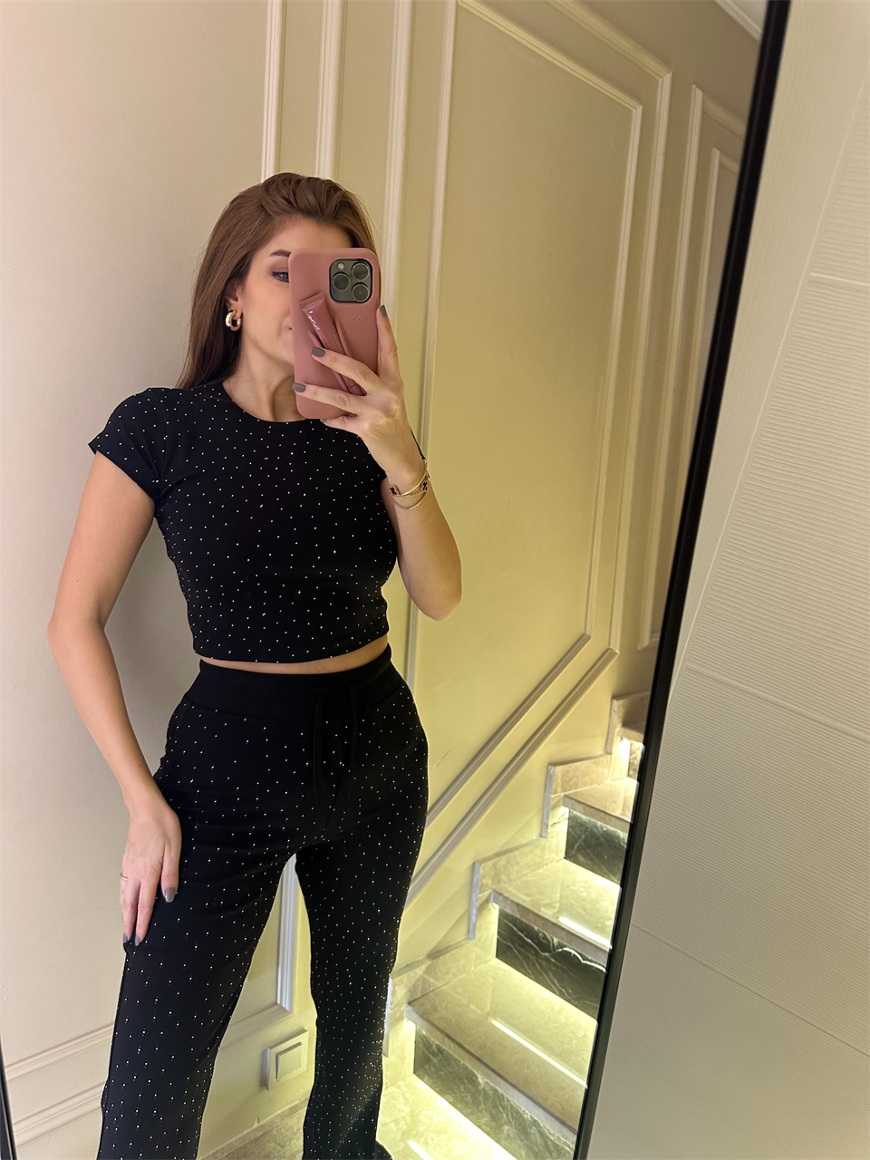 Siyah Taşlı Kısa Kol Fit Takım