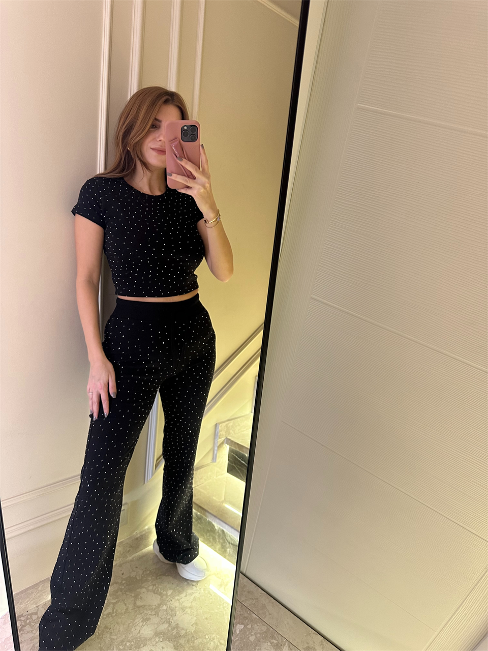 Siyah Taşlı Kısa Kol Fit Takım