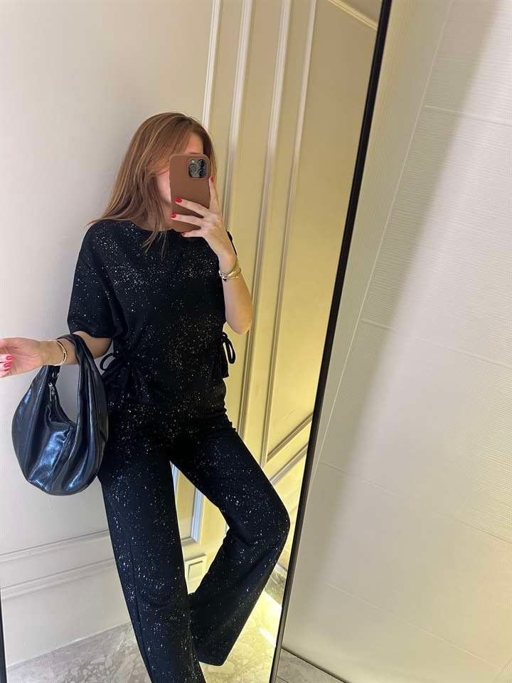 Siyah Viskon Simli İkili Takım