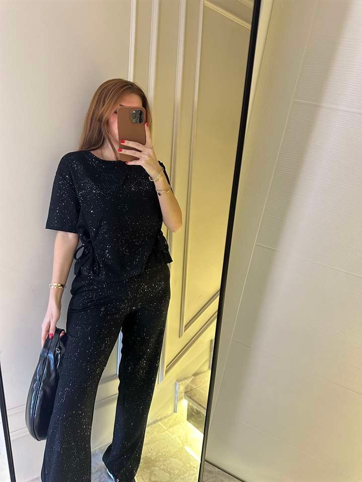 Siyah Viskon Simli İkili Takım