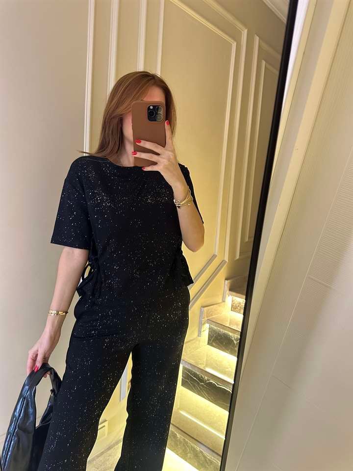 Siyah Viskon Simli İkili Takım