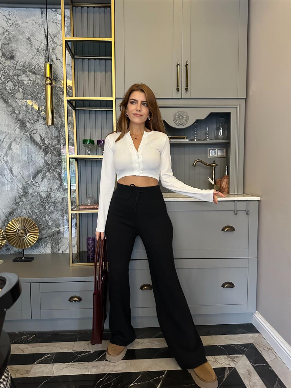 Siyah Yumoş Triko Bol Paça Pantolon