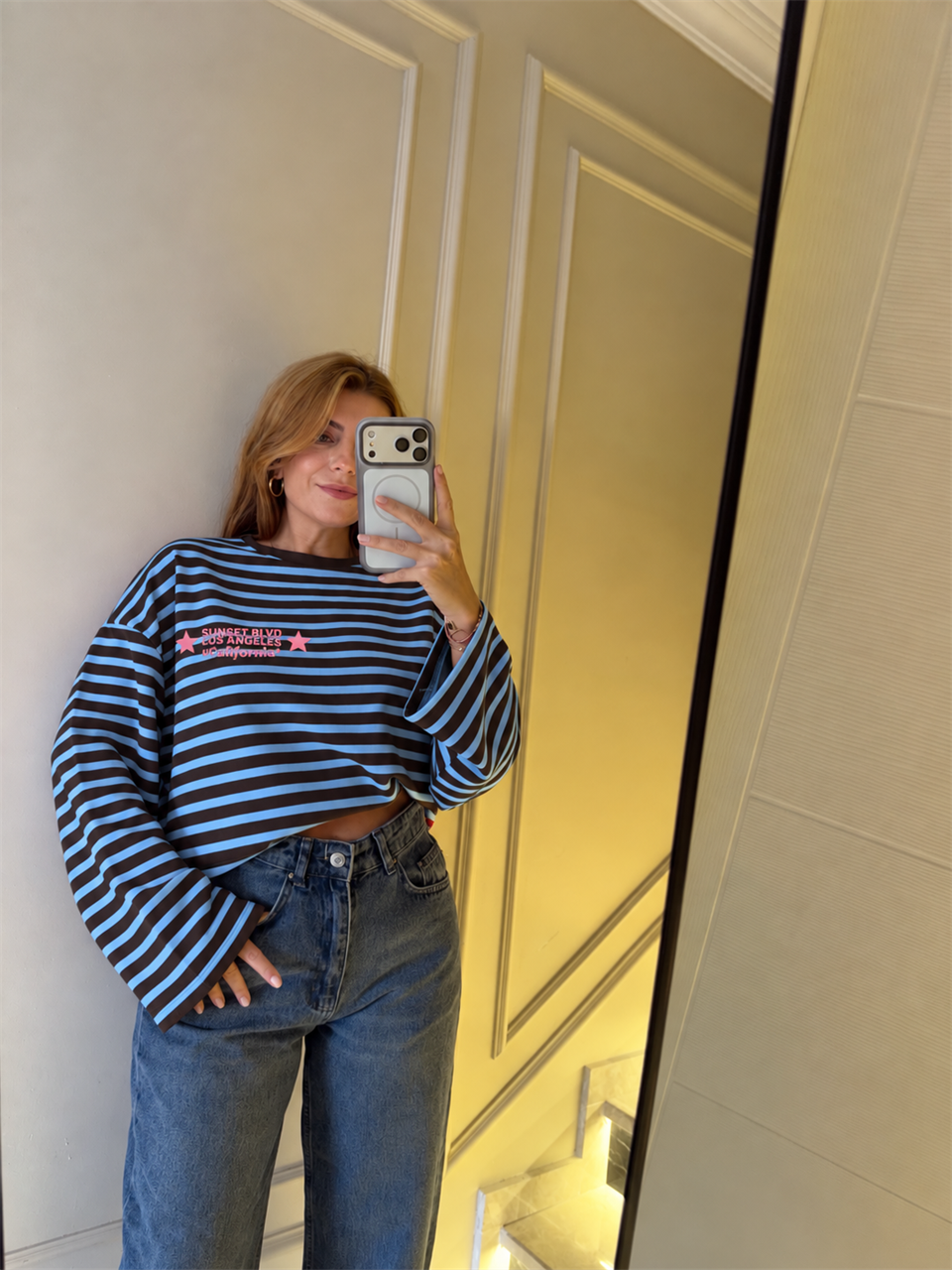 Sunset Blvd Ön Arka Baskılı Sweatshirt - KahveMavi