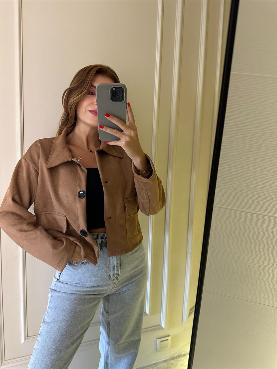 Taba Süet Düğmeli Ceket