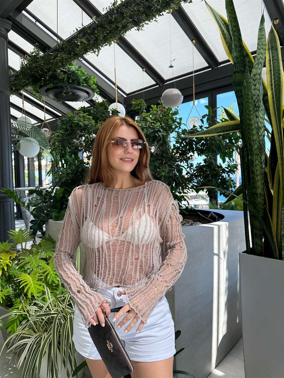 Taş Transparan Crop Triko Bluz