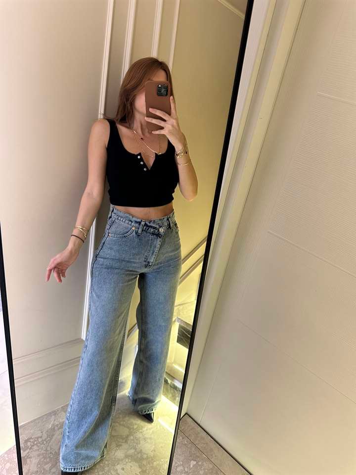 Tintli Çapraz Düğme Wide Leg Jean