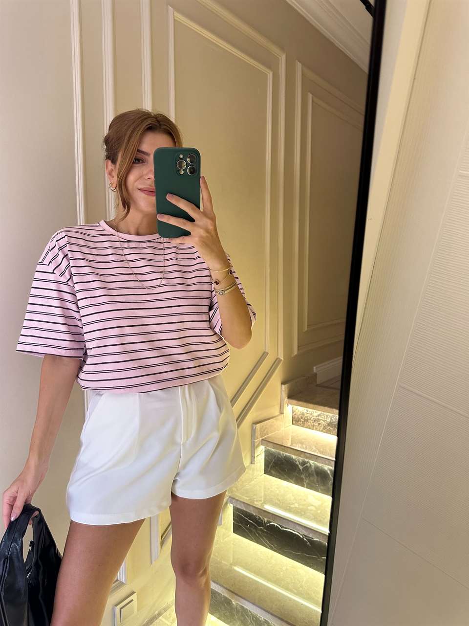 Toz Pembe Çizgili Salaş Tshirt