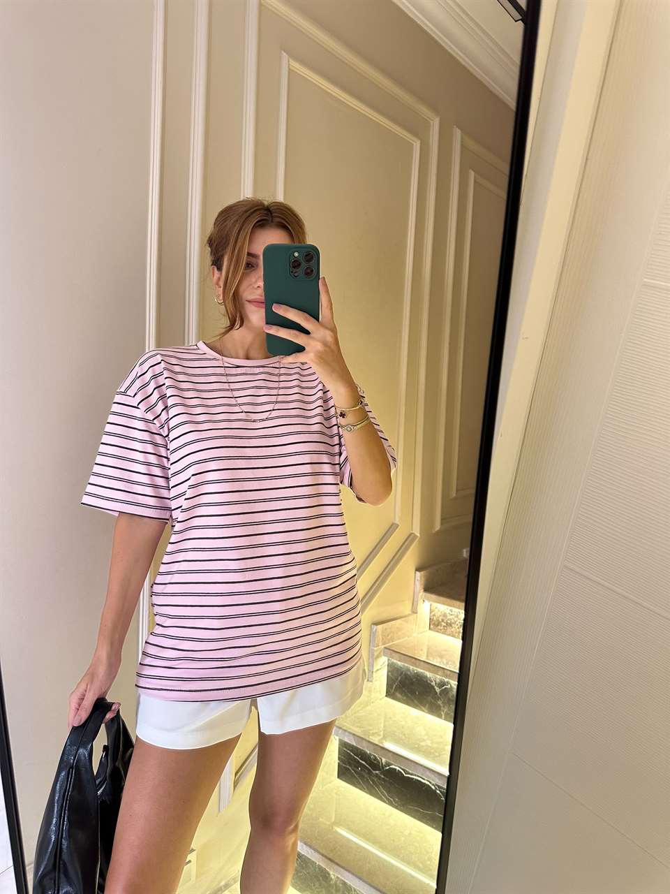 Toz Pembe Çizgili Salaş Tshirt