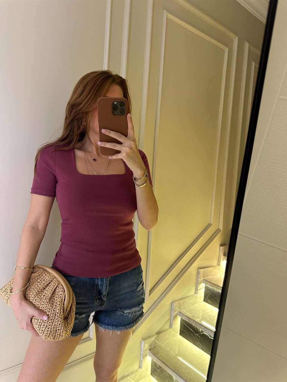 Vişne Kare Yaka Kısa Kol Bluz