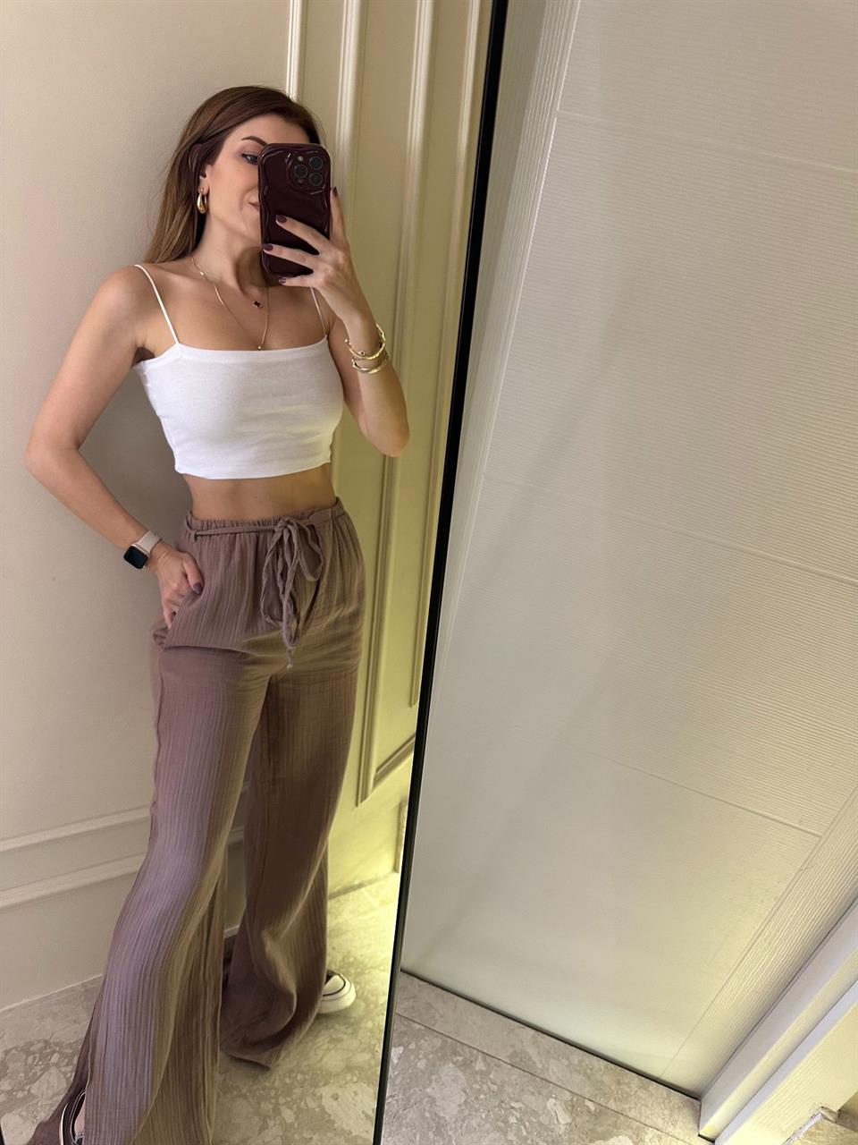 Vizon Yırtmaçlı Müslin Kumaş Pantolon