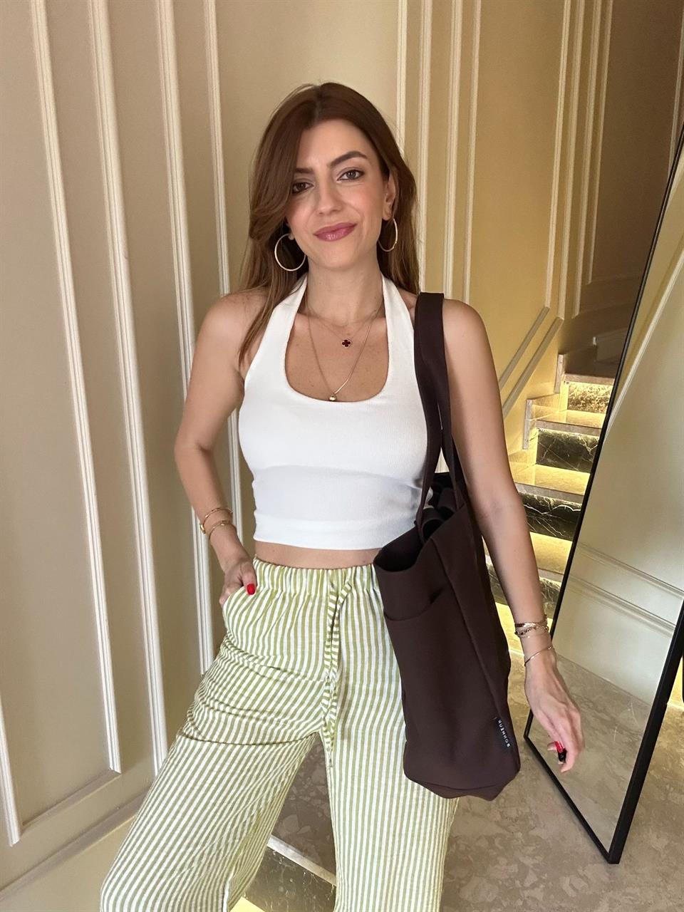 Yağ Yeşili Bel Lastik Çizgili Keten Pantolon