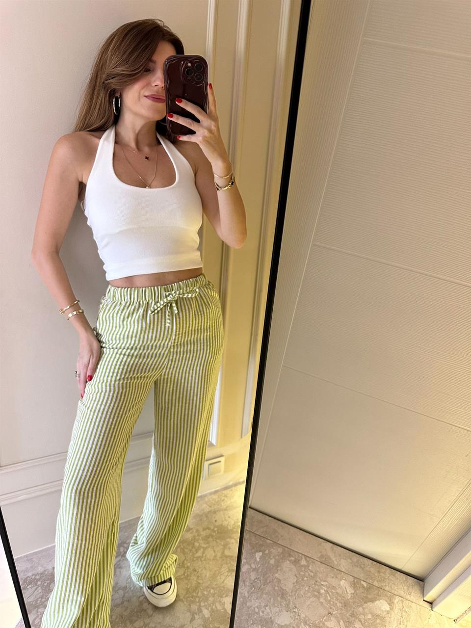 Yağ Yeşili Bel Lastik Çizgili Keten Pantolon