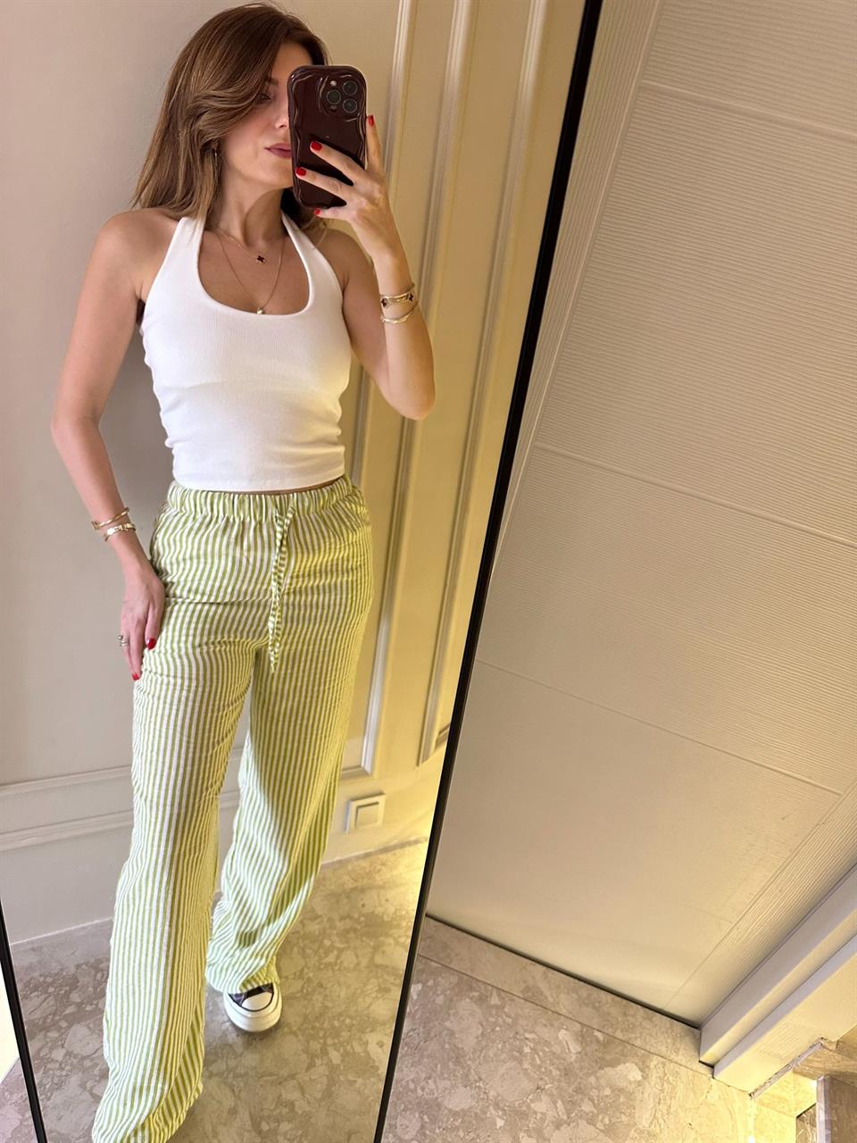 Yağ Yeşili Bel Lastik Çizgili Keten Pantolon