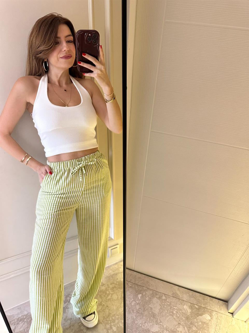 Yağ Yeşili Bel Lastik Çizgili Keten Pantolon