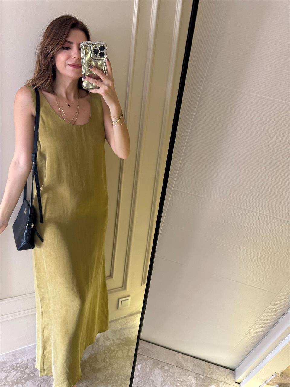 Yağ Yeşili U Yaka Askılı Tensel Elbise