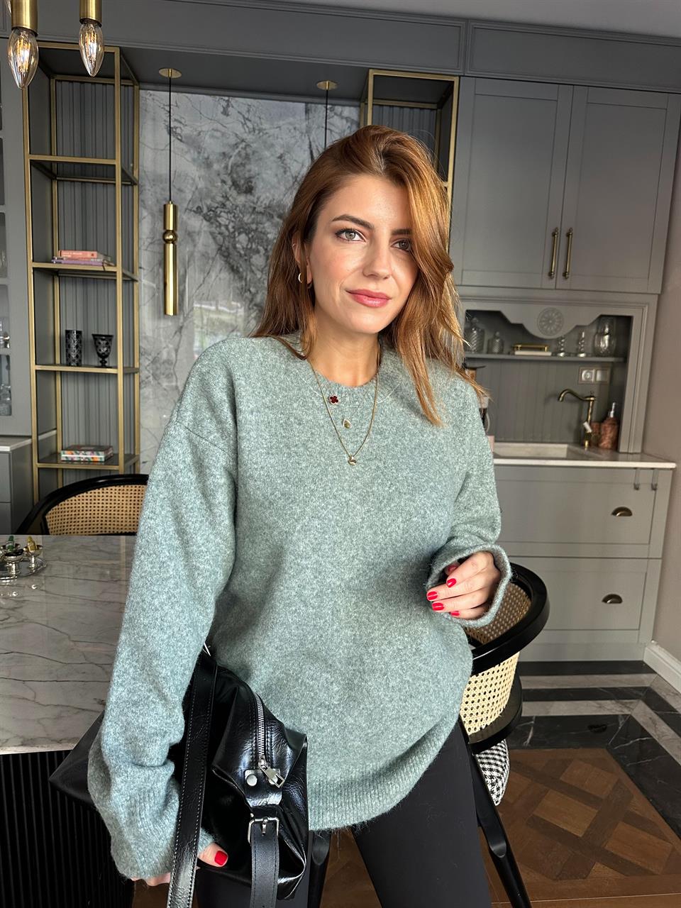 Yeşil Bisiklet Yaka Yumoş Triko Kazak