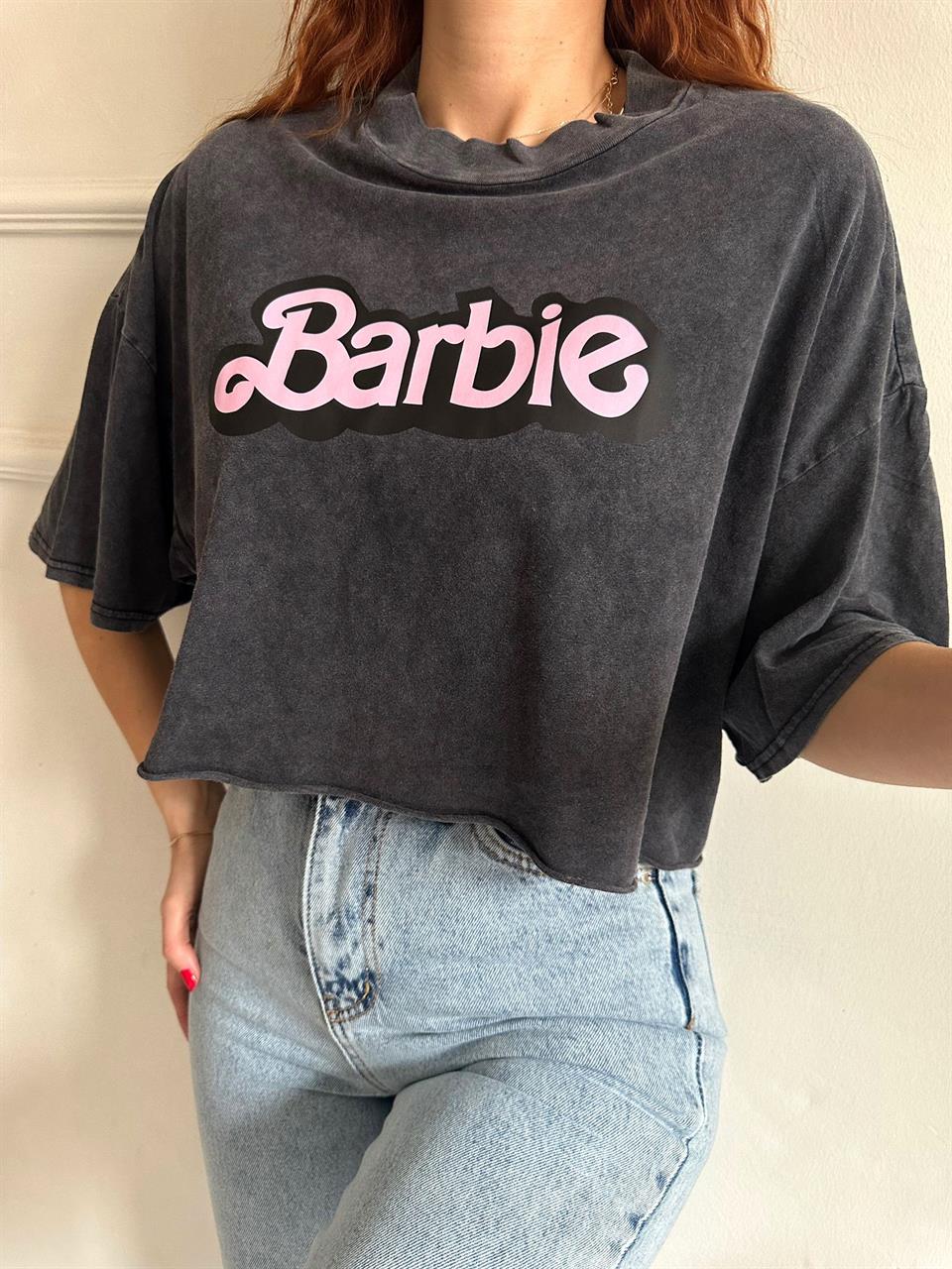 Crop TişörtYıkamalı Barbie Tişört