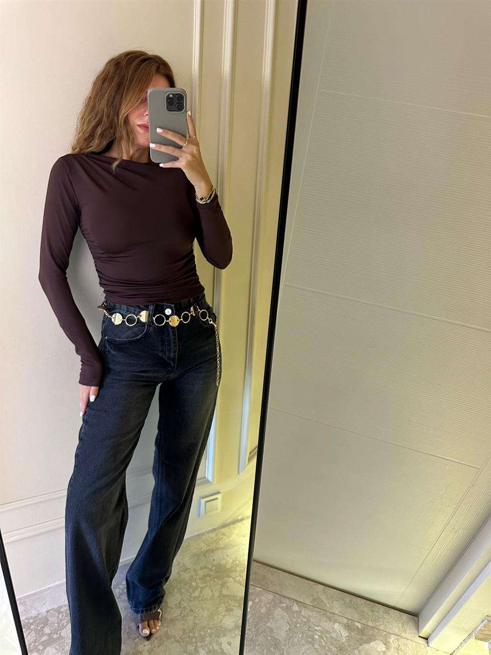 Yıkamalı Füme Wide Leg Jean