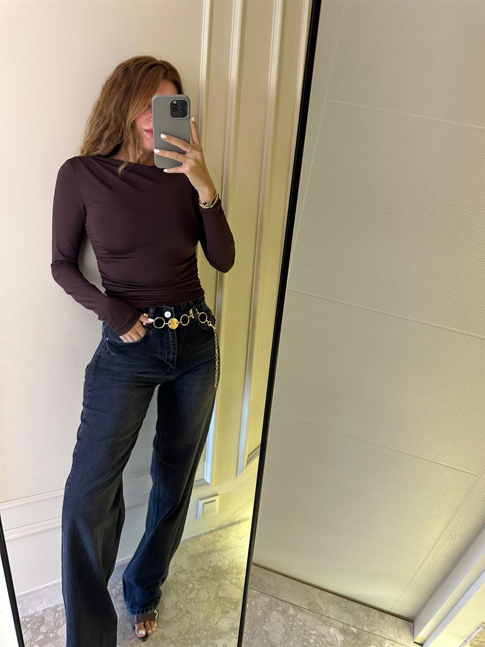 Yıkamalı Füme Wide Leg Jean