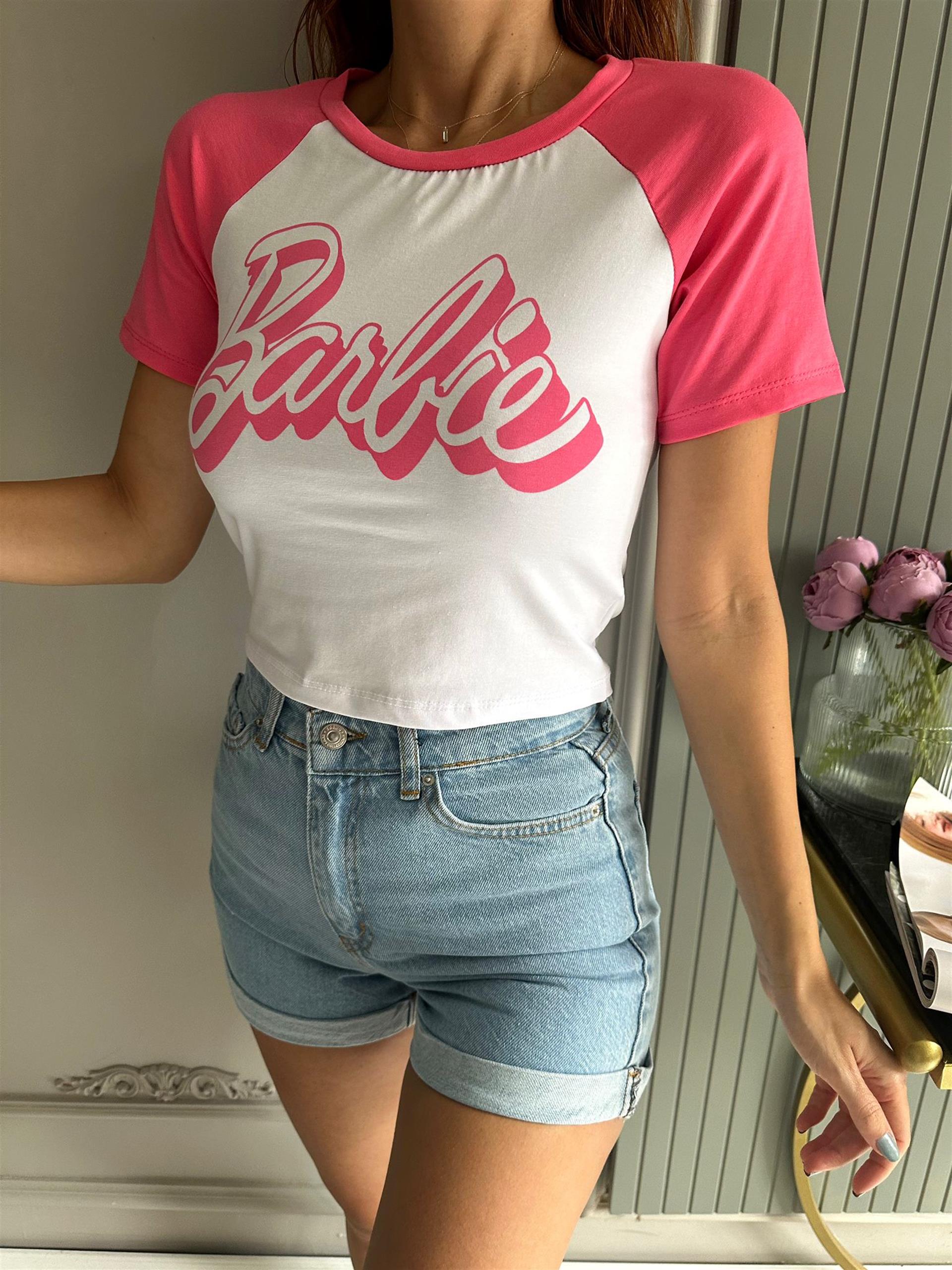 Beyaz Reglam Kol Barbie Crop Tshirt I Chamakh Butik Online Kadın Giyim