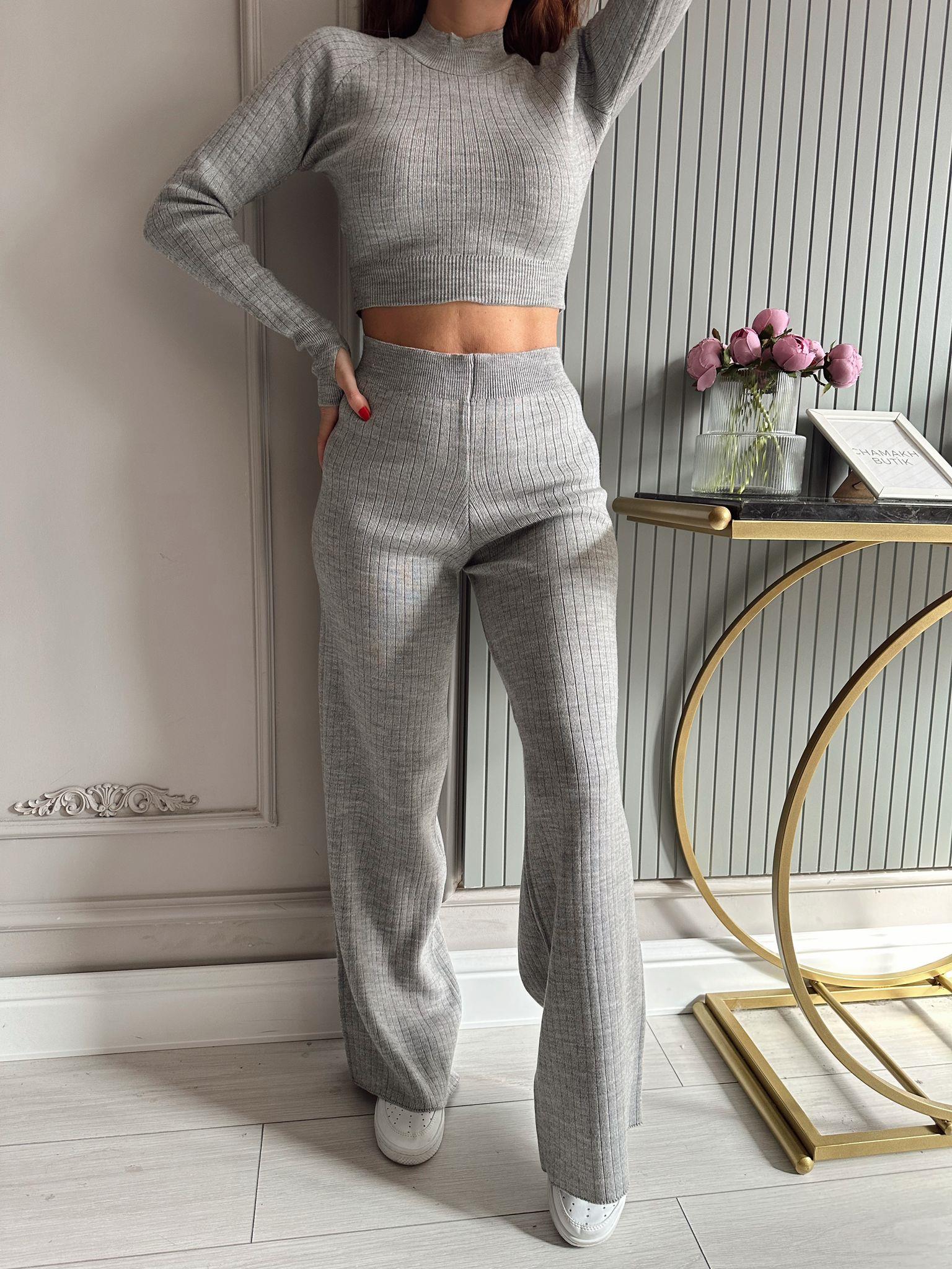 Gri Geniş Fitilli Crop-Pantolon Takım I Chamakh Butik Online Alışveriş