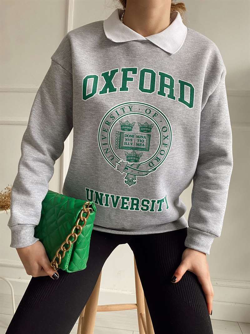 Gri Polo Yaka Oxford Sweatshirt - Chamakh Butik