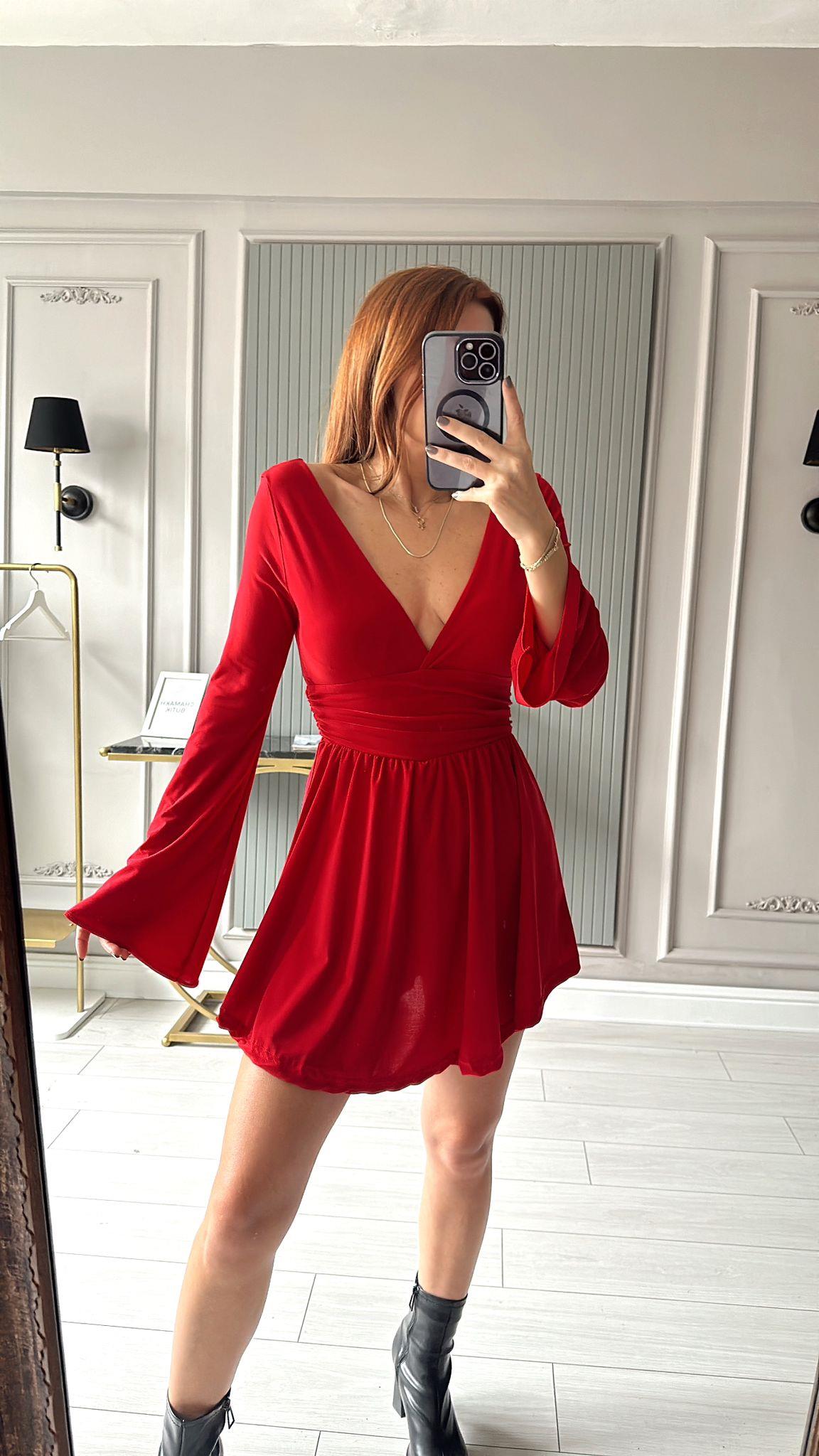 Kırmızı İspanyol Kol Kruvaze Yaka Elbise I Chamakh Butik Online Alışveriş