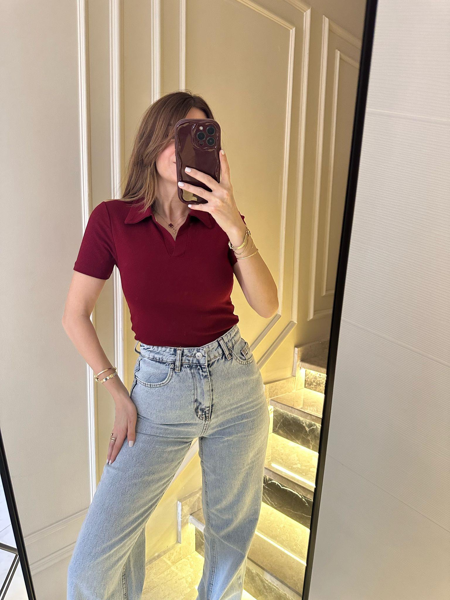 Bordo Polo Yaka Bluz I Chamakh Butik Online Alışveriş