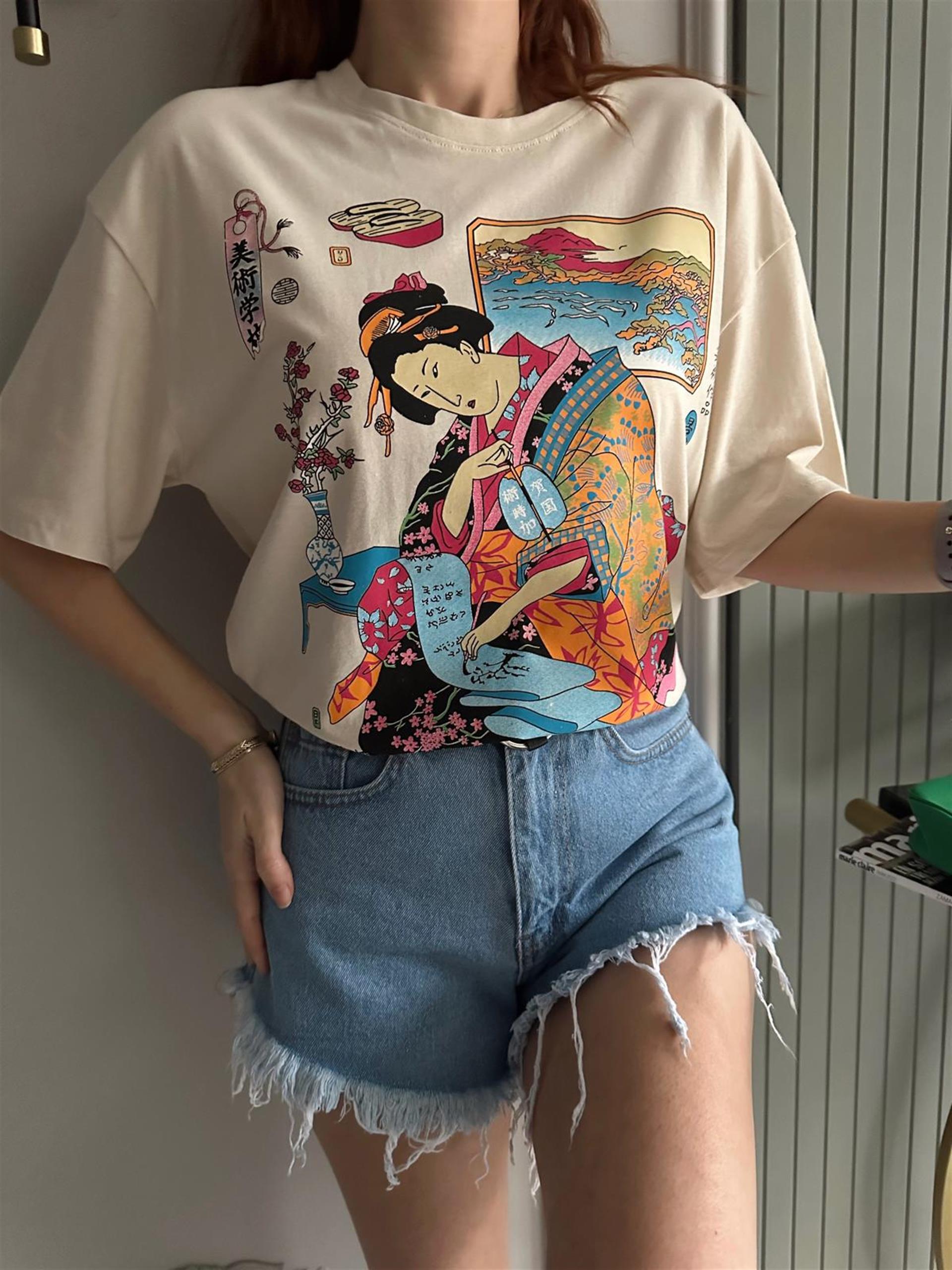 Krem renkli Karışık Kadın Baskı Tişört I Chamakh Butik