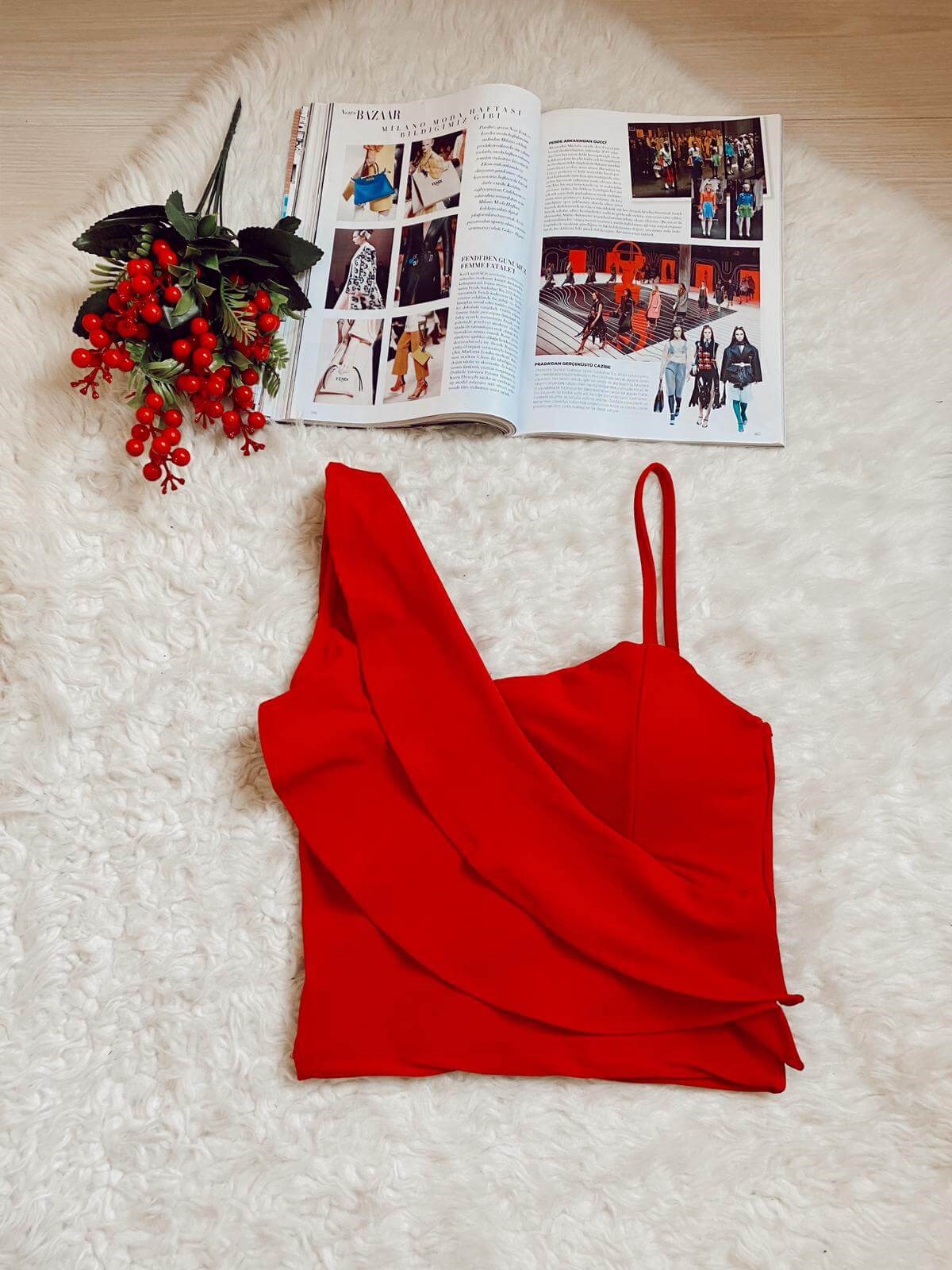 Volanlı bluz kırmızı - Chamakh Butik