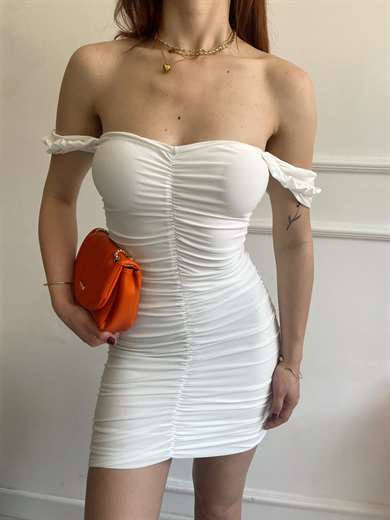 Beyaz Drapeli Elbise | www.chamakhbutik.com