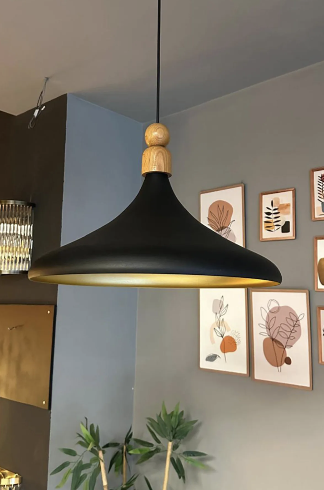 45 Cm Çap Champion XL Siyah Kalın Ahşap Boncuk Avize Tekli Sarkıt Lamba Restoran Salon Mutfak Avize