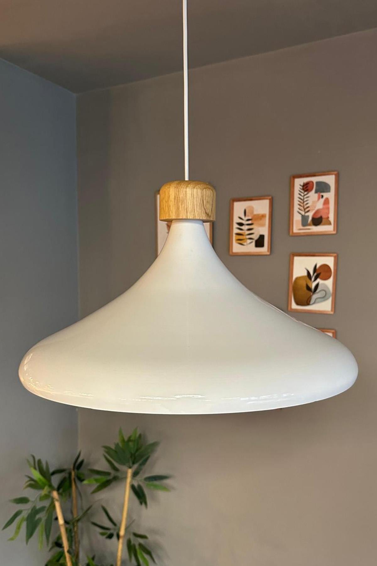 45 Cm Çap XL Beyaz Geniş Ahşap Başlık Avize Tekli Sarkıt Lamba Restoran Salon Mutfak Avize