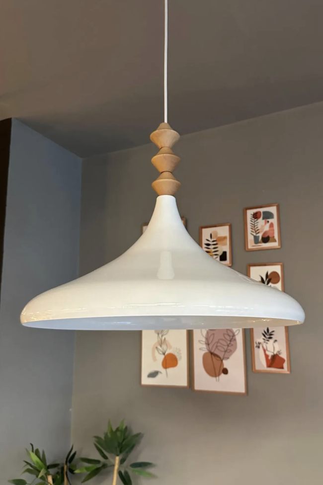 45 cm Çaplı XL Beyaz Q Ahşap Başlık Avize Tekli Sarkıt Restoran Salon Mutfak Avizeleri