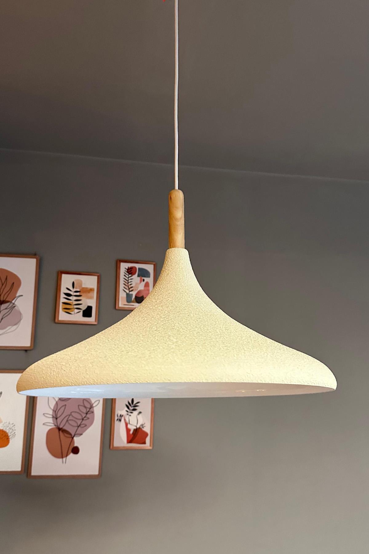 45 cm Çaplı XL Dokulu Açık Krem Ahşap Başlık Avize Tekli Sarkıt Restoran Salon Mutfak Avizeleri