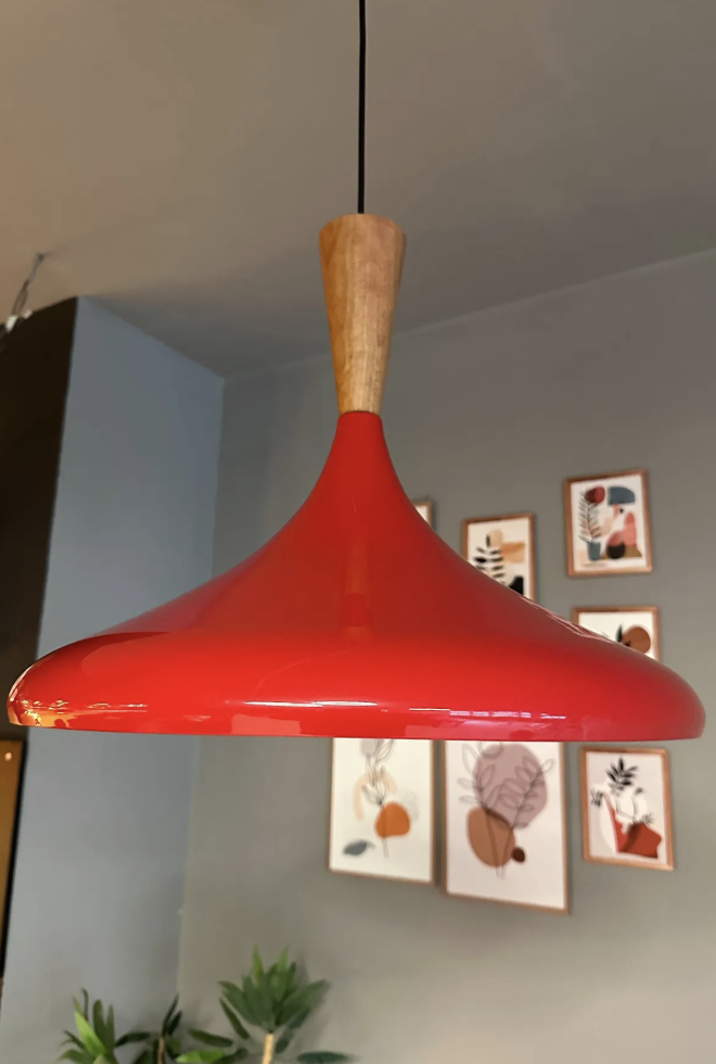 45 Cm Çaplı Xl Dokulu Açık Krem Büyük Huni Ahşap Başlık Avize Tekli Sarkıt Restoran Salon Mutfak