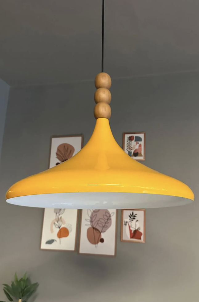 45 cm Çaplı XL Sarı Ahşap Üç Boncuklu Avize Tekli Sarkıt Restoran Salon Mutfak Avizeleri