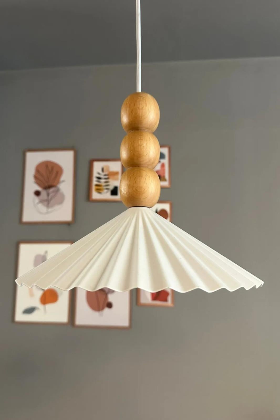 Avilla Beyaz Tekli Metal Avize Ahşap Üç Boncuk Rustik Cafe Mutfak Modern Dekoratif Sarkıt Aydınlatma