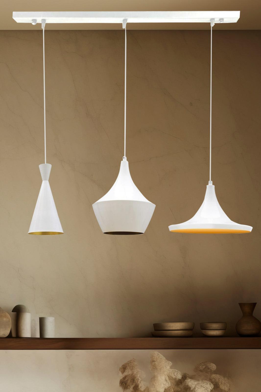 Bamyum Üçlü Magna Beyaz Avize Üçlü Sarkıt Muftak Yemek Masası Salon Masaüstü Avize Aydınlatma