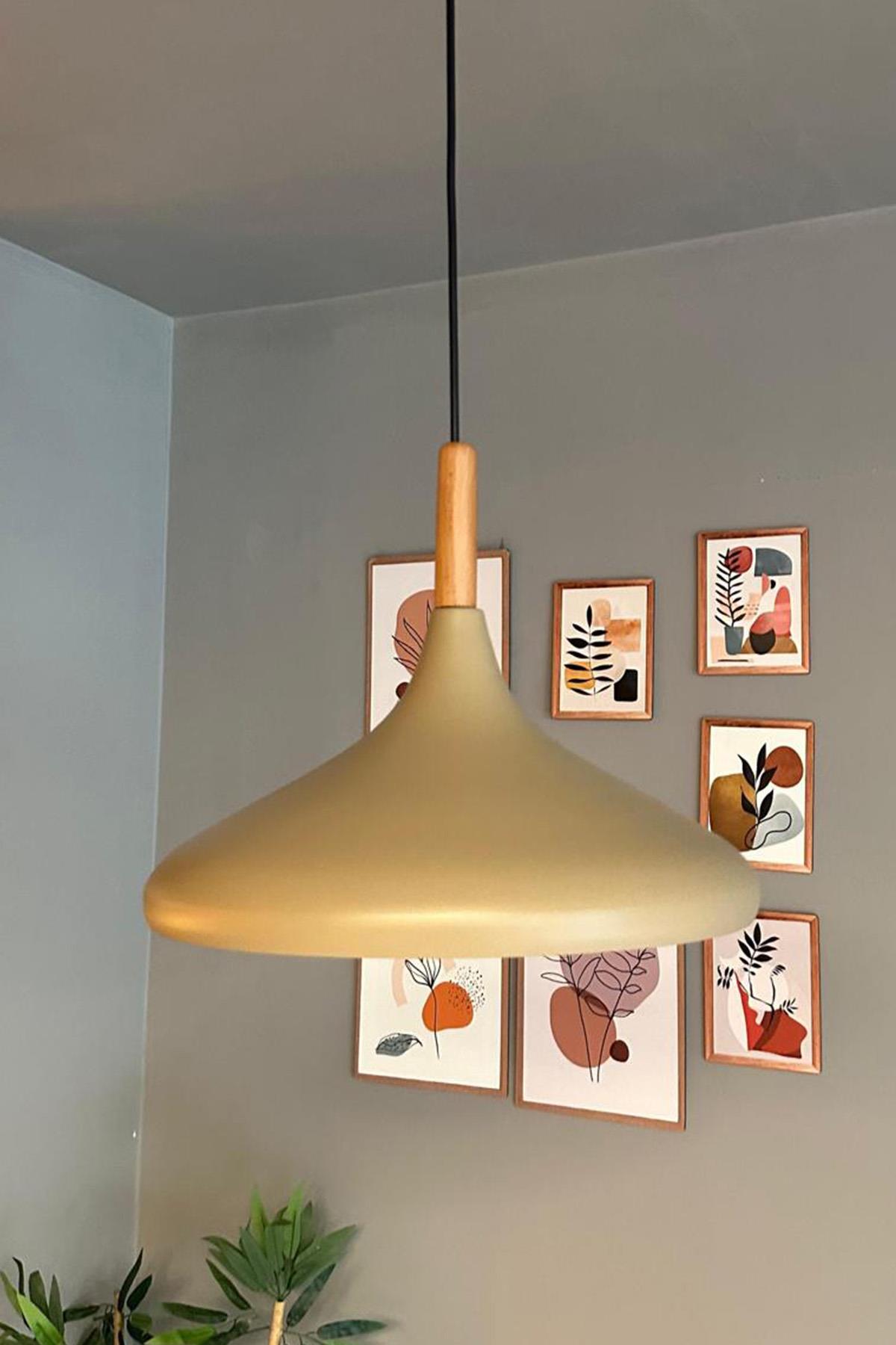Bej Champion Ahşap Tekli Avize Sarkıt Salon Mutfak Cafe Butik Lamba Aydınlatma Avizeler