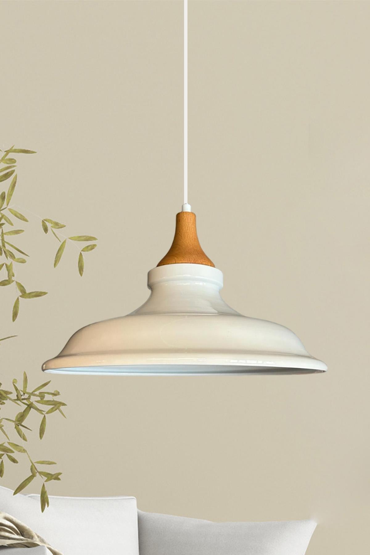 Bergo Tekli Ters Ahşap Mantar Başlık Beyaz Avize Salon Oturma Odası Yatak Odası Sarkıt Modeli