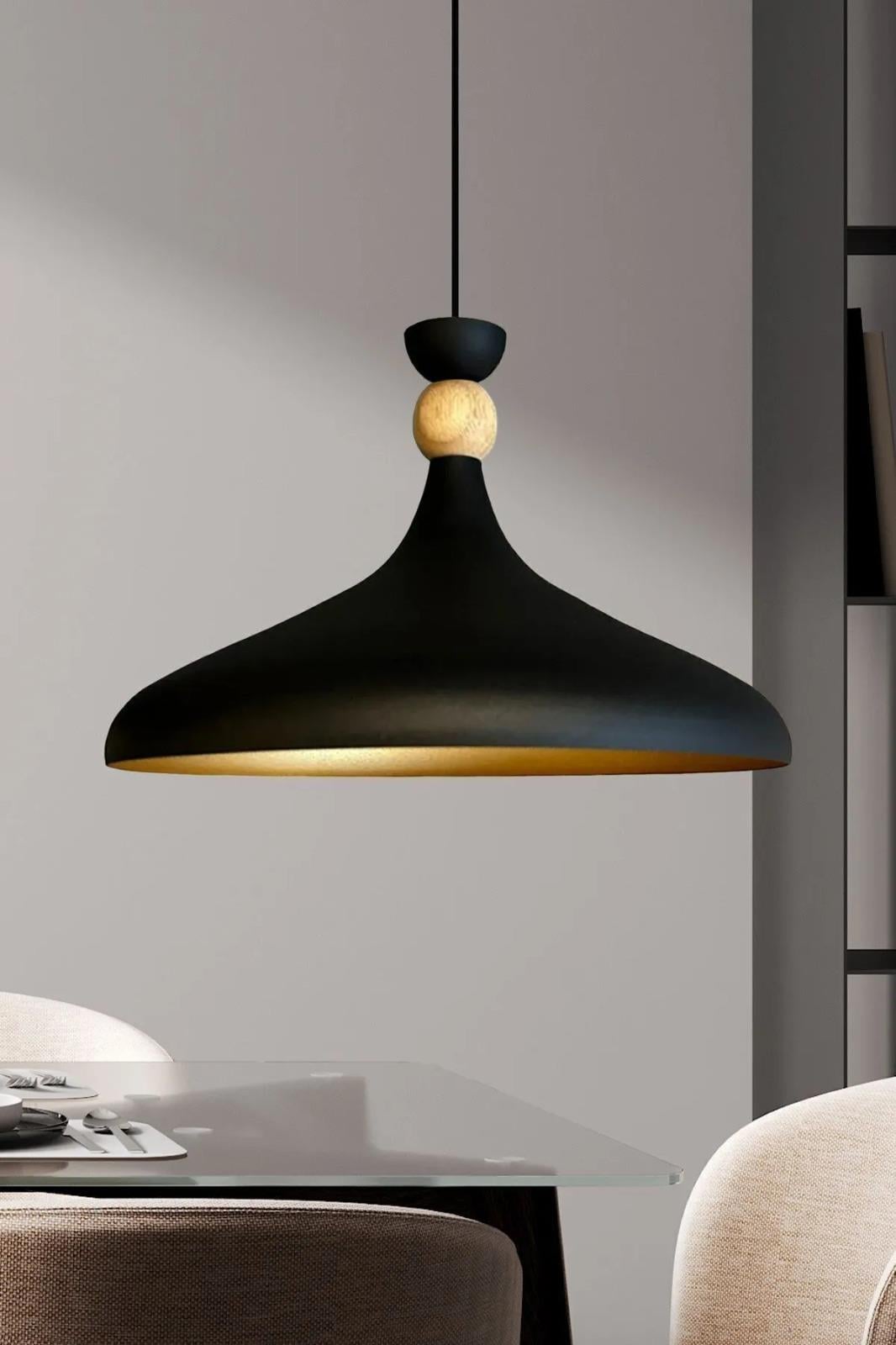 Champion Siyah Ahşap Şapka Tekli Avize Sarkıt Salon Mutfak Cafe Butik Lamba Aydınlatma Avizeler