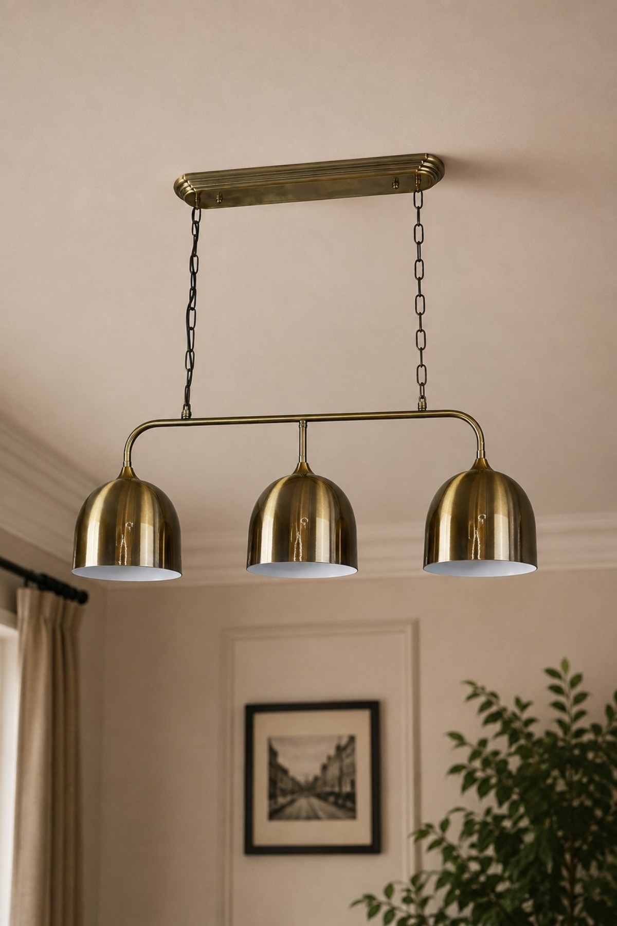 Deep Brillar Üçlü Eskitme Metal Rustik E27 Salon Yemek Masası Sarkıt Avize