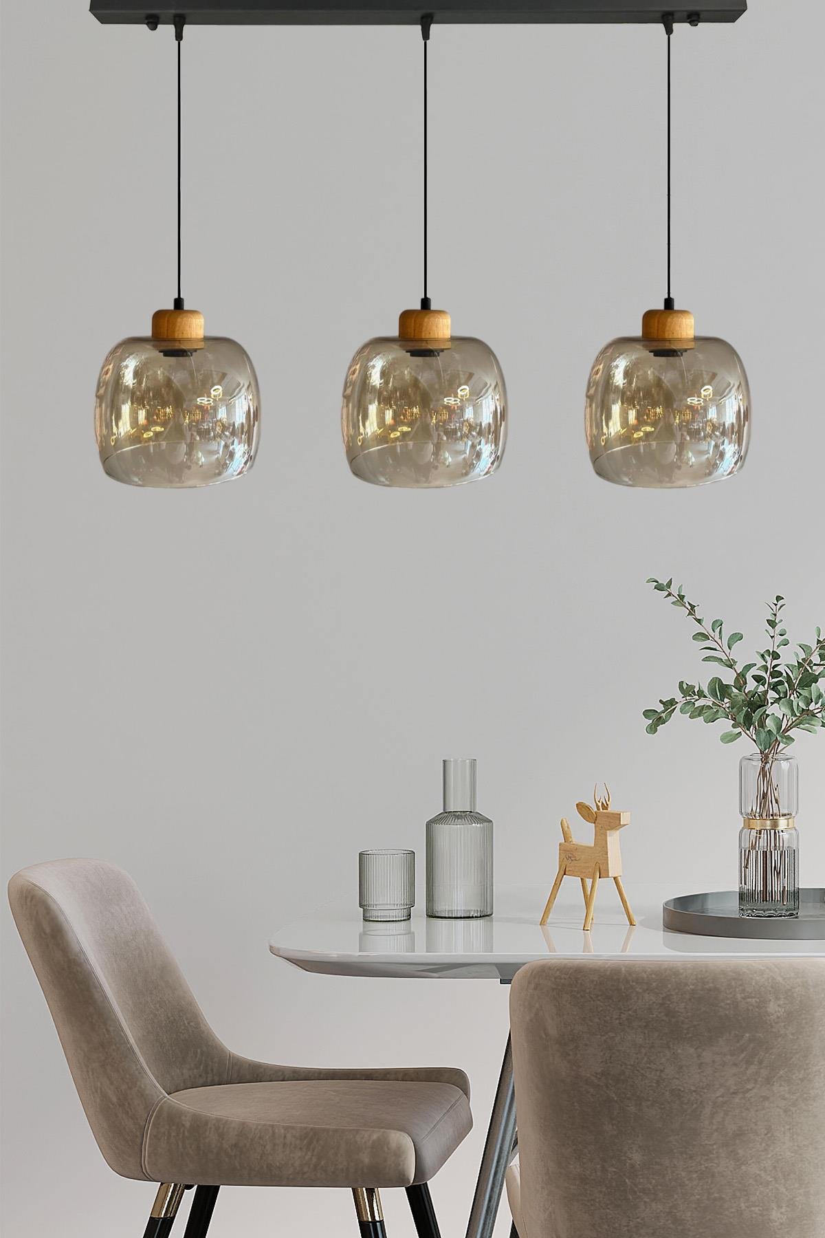 Dijon Bal Rengi Üçlü Sarkıt Avize Geniş Ahşap Başlık Salon Mutfak Avizeleri Pastane Modelleri