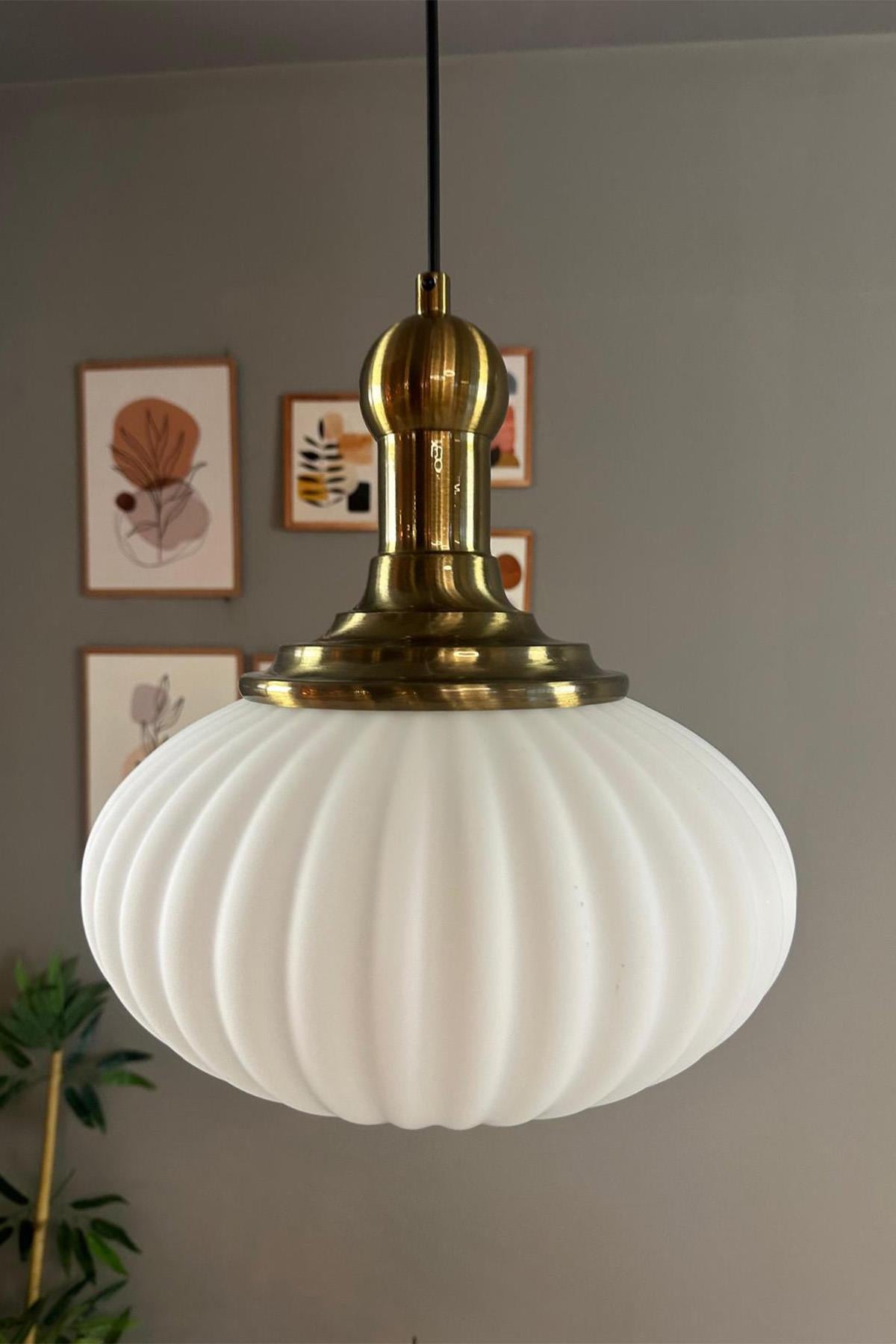 Elegant Beyaz Cam Tekli Avize Eskitme Long Knob Başlık Sarkıt Lamba Restoran Salon Aydınlatma